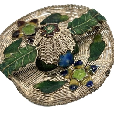 Post-war Export Silver Filigree Woven Enamel Beach Hat Brooch w/ Enamel Foliage 