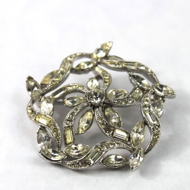 Henry Bogoff Rhinestone Openwork Flower Brooch Pin Rhodium Plate 