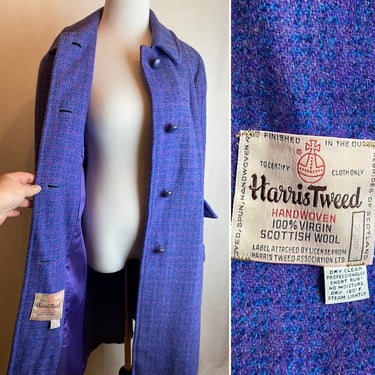 60’s wool tweed overcoat ~lovely purple hues Harris Tweed Women’s MCM retro linger coat purple leather buttons~ size M 4-6-8 ish 