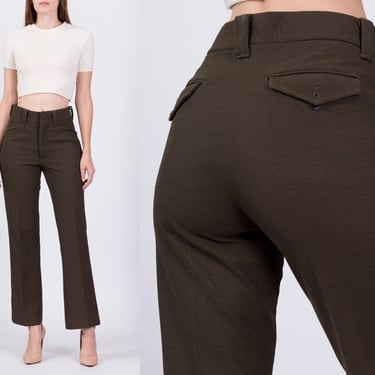 70s Olive Green Unisex High Waisted Trousers - 29" Waist | Vintage Bootcut Retro Polyester Pants 