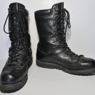 Vintage 1990s Matterhorn Combat Boots, 12W Men, Black Leather Jump Boots, Lace Up, Steel Toe, Goth Winter Hiking Boot 