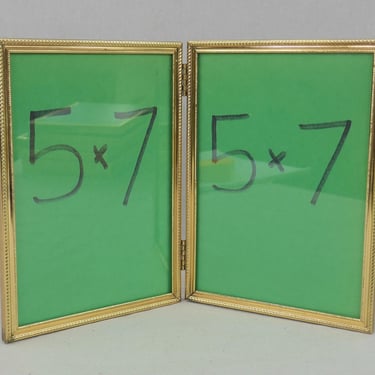 Vintage Hinged Double Picture Frame - Tabletop Gold Tone Metal w/ Glass - Holds Two 5