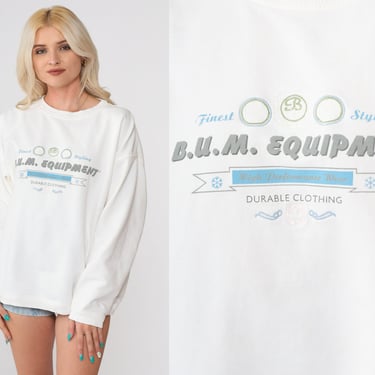 BUM Equipment Sweatshirt 90s Crewneck Streetwear Pullover White Spellout 1990s Long Sleeve Shirt Slouchy Vintage Oversized Extra Large xl 