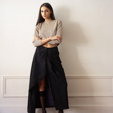 1980s Donna Karan Soft Black Suede Asymmetrical Skirt 