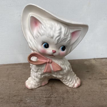 Vintage Inarco White Kitten Planter With Pink Bow Bonnet, Baby Girl Planter, Anthropomorphic Kitty Cat , Baby Shower 
