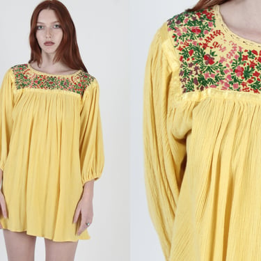 Vintage Yellow Hand Embroidered Puff Sleeve Cotton Tunic 