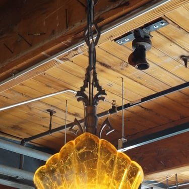 Art Deco Hanging Light w Amber Shell Glass