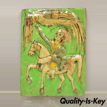 Antique Persian Iznik Qajar Style Green Ceramic Pottery Tile Phoenix Bird C4