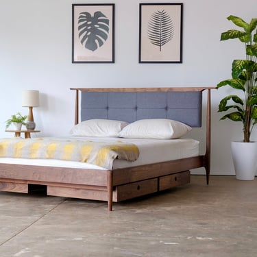 Mid Century Modern Platform Storage Bed | Upholstered Headboard | Bed no.3 