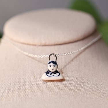 Mini Person Bust Charm Necklace, Person Pendant, Blue and White, Hand Painted Ceramic Necklace, Hand Painted Porcelain, Aesthetic Jewelry 