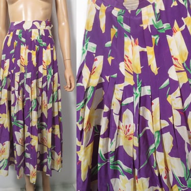 Vintage Christian Dior Silk Tropical Floral Print Pleated Midi Skirt Size 25 Waist 