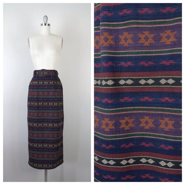 Vintage southwestern print skirt midi 1990s 90s cotton belted pencil 