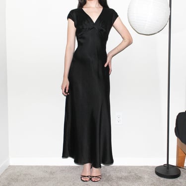 vintage 90s black minimalist satin v neck short sleeve midi maxi dress gown by jones new york 