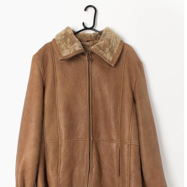 Vintage sheepskin jacket tan brown zip up 1970s - Large 