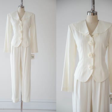 white vintage jumpsuit | 80s 90s cream ivory long sleeve wide ruffled collar one piece suit style jumpsuit 