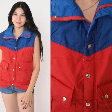 80s Ski Vest Goose Down Fill Puffer Vest Blue Red Color Block Retro Puffy Sleeveless Jacket Snap Up Skiwear Winter Vintage 1980s Small S 
