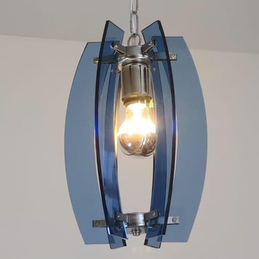 Blue glass and silver metal pendant lamp / Italy, 1960s / modern pendant/ retro 