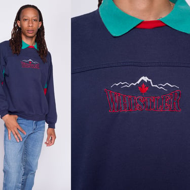 Large 80s Whistler Canada Ski Sweatshirt | Vintage Color Block Collared Tourist Pullover 