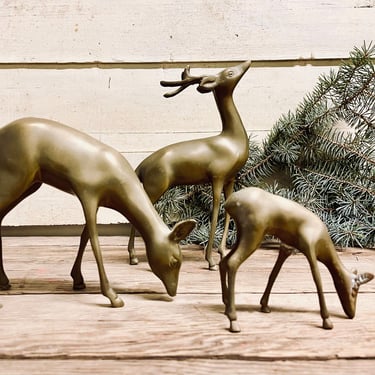 Vintage Solid Brass Deer Set of 3 | 1980s Enesco Brass | Brass Buck Deer | Figurine Bookshelf Decor Winter Decor Antique Brass Mantel 