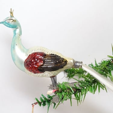 Antique 1940's German Mercury Glass Peacock Bird Clip Christmas Ornament, Spun Glass Tail Vintage 