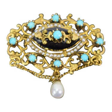 Vintage Victorian Style 14k Solid Gold Brooch Pendant Turquoise Onyx Teardrop Pearl 
