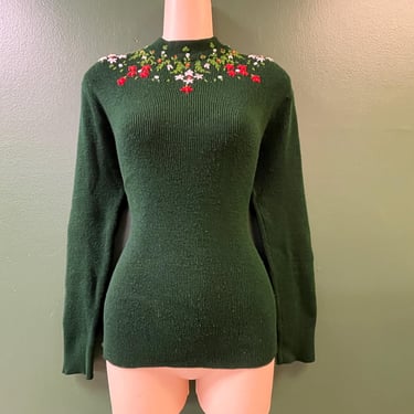 1970s green floral sweater embroidered hippie knit medium 