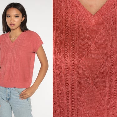Coral Knit Top Cable Knit Sweater Shirt 80s Cap Sleeve Short Sleeve Sweater Muted Red Bohemian 1980s Slouchy Boho V Neck Medium Large 