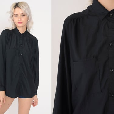 80s Black Blouse Plain Long Sleeve Top 80s Button Up Shirt Collared 1980s Chest Pocket Basic Solid Small 