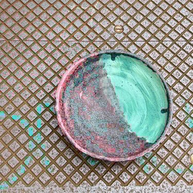 Original Vintage Hand Thrown Pottery Bowl 1980’s Pink / Green ~ Catchall 