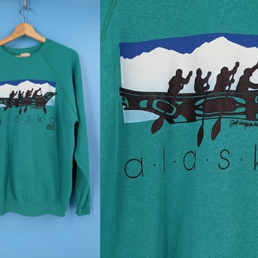 Vintage Eighties Teal Alaska Screen Printed Sweatshirt - 80s Hanes 50/50 Alaskan Print Pullover 