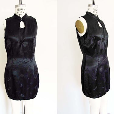 Vintage 2000s Black Satin Cheongsam Mini Dress M - Y2K Goth Club Asian Sheath Dress - Rampage 