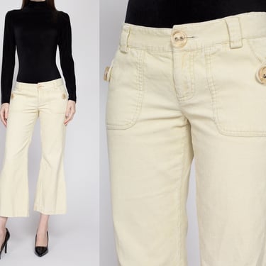 Small 90s Y2K Butter Yellow Corduroy Low Rise Flares | Retro Vintage Petite Bell Bottom Sailor Pants 