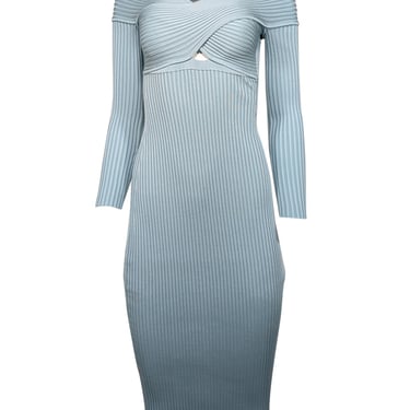 Self-Portrait - Light Blue Ribbed Knit Cross Front Off-the-Shoulder Dress Sz M