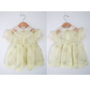 Vintage Girls Dress - Pastel Yellow Sheer Floral Print - Spring Summer Outfit - Size 3T 