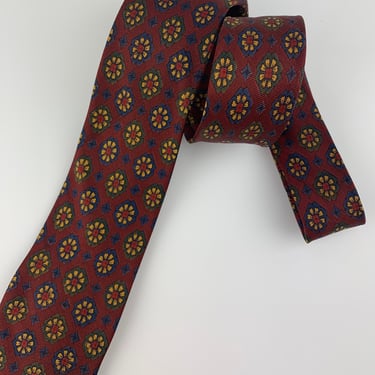 1960'S Quality Silk Tie - Interesting Geometric Floral Pattern - Burgundy, Navy with Golden Yellow  - Made in England 