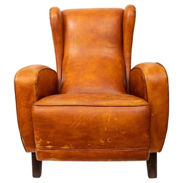Vintage Brown Leather Wing Back Armchair