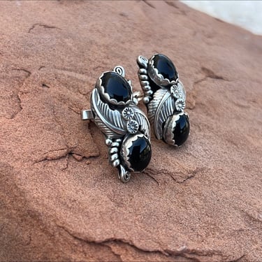 George Kee ~ Vintage Navajo Sterling and Onyx Feather Post Earrings 