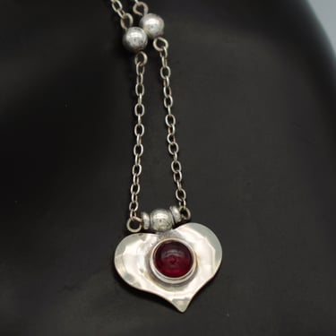 60's garnet sterling affixed heart pendant, beaded 925 silver rolo chain boho sweetheart necklace 