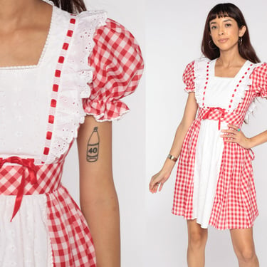 Babydoll Mini Dress Red Gingham Dress Eyelet Lace Dress Puff Sleeve Mod 70s Prairie Plaid Checkered Vintage Cottagecore Extra Small xs 