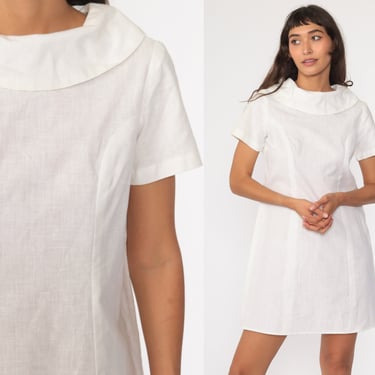 Mod Mini Dress White Dress 60s Shift Nurse Short Sleeve 1960s Gogo Vintage Sixties Twiggy Plain 70s Dress Minidress Small Medium 