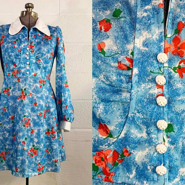 Vintage Mod Mini Dress Dog Ear Collar Baby Blue Floral Empire Waist Button Front Twiggy Long Sleeve Dopamine Colorful 1960s 1970s Medium 