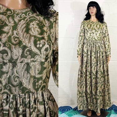 Vintage 60s Gold Maxi Dress Green Bridesmaid Prom Wedding Long Sleeve Formal Hostess Evening Gown 1960s Metallic Brocade Paisley Party Small 