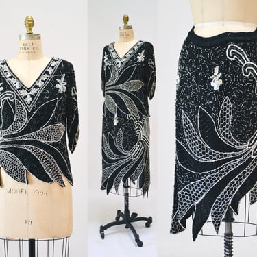 70s 80s Vintage Black Sequin Party Dress Sequin Top skirt 70s disco Flapper Party Sequin Dress Medium Large// Vintage Black Sequin top Skirt 
