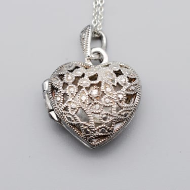 90's CW 925 silver diamond heart locket, open work sterling designer bling sweetheart necklace 