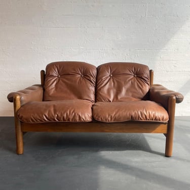 Scandinavian Modern Teak and Leather Loveseat Sofa