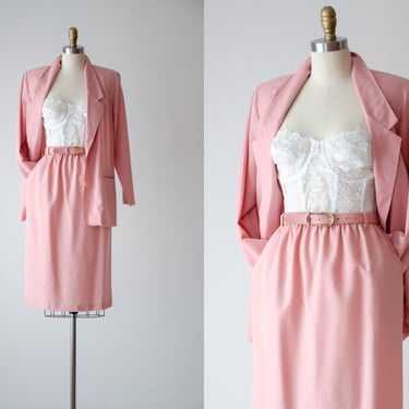 blush pink suit | 80s 90s vintage shell pink oversized blazer pencil skirt 2 piece skirt suit 