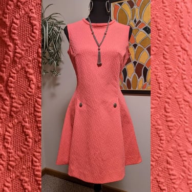 Vintage 1970s Melon Textured A-line Mini Dress with Sliver Button Detail 