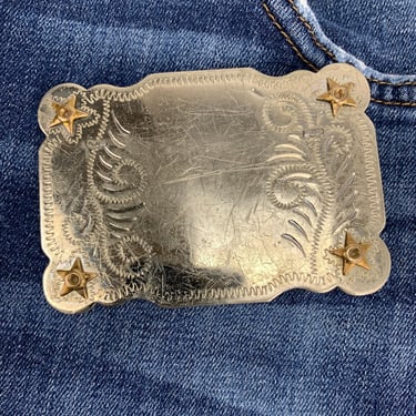 1950'S Nickel Silver Buckle - Large Rectangle - Heavily Worn & Scratched - Western Filigree Etching with 4 Gold Stars 
