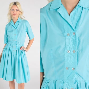 60s Day Dress Robin's Egg Blue 1960s Midi Dress Mad Men Button Up Shirtwaist Dress COTTON Pleated Vintage Plain High Waist Small 4 