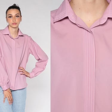 Pink Blouse Y2k Hidden Button Up Shirt Retro Plain Simple Long Balloon Sleeve Collared Top Minimalist Preppy Basic Vintage 00s Large L 12 